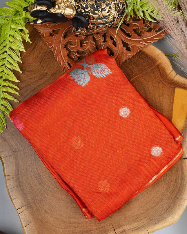 Kota Silk Saree with Golden and Meenakari Butties and Satin Border- Orange