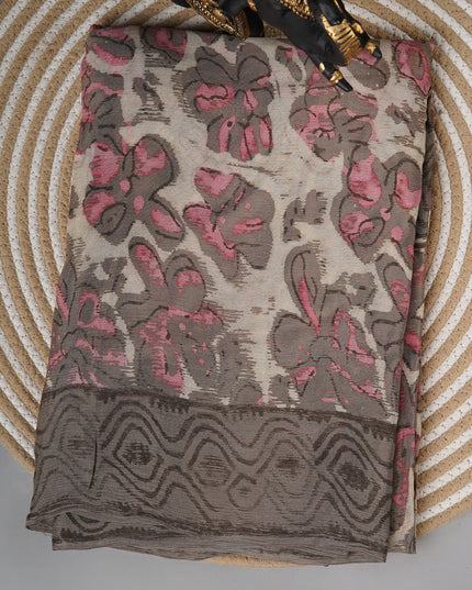 Chiffon sarees with Kalamkari print and zari-woven borders - Cream