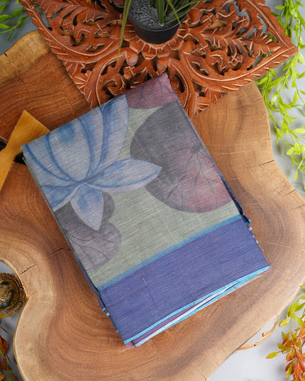 Lotus Cotton Saree With Floral Print And Contrast Border - Green