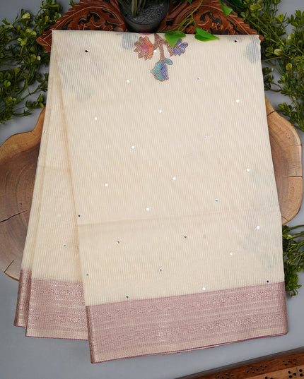Kota Chanderi Saree with Mirror and Applique Work Contrast Border- Purple
