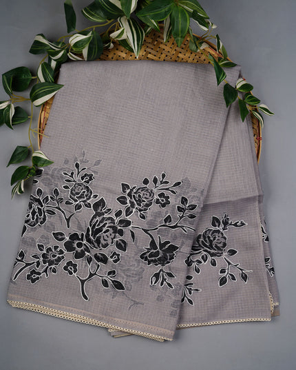 Kota Silk Saree Floral Print Ari Work With Lace Border - Grey