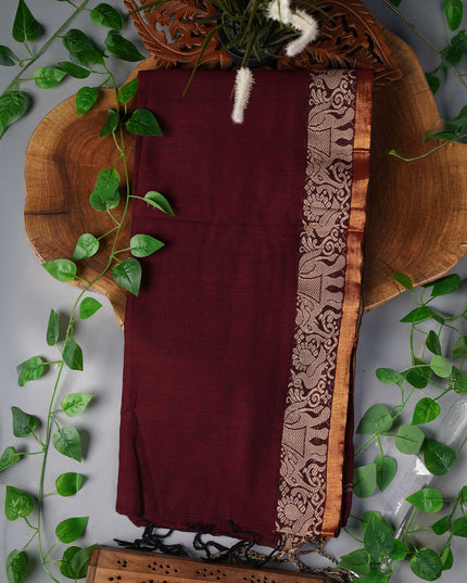 Handloom Cotton Saree with Thread Weaving Border- Maroon