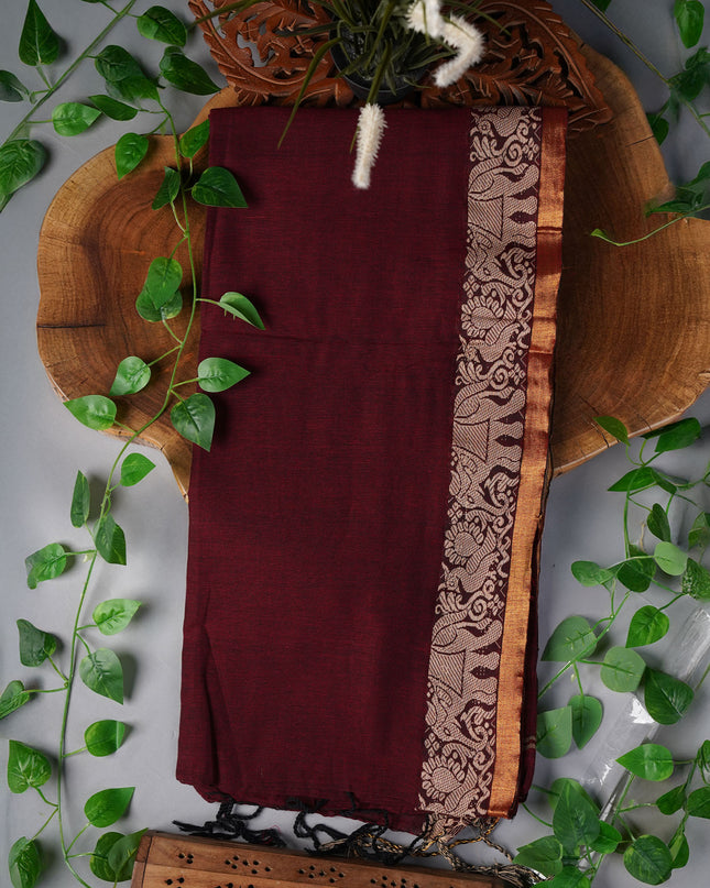 Handloom Cotton Saree with Thread Weaving Border- Maroon