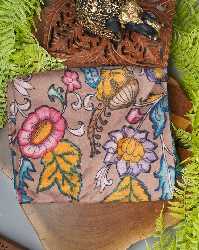 Binny crepe saree kalamkari print with contrast border - Light Rust