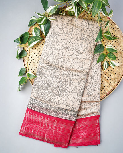 Muslin Silk Saree With Digital Print & Contrast Border  - Beige With Pink