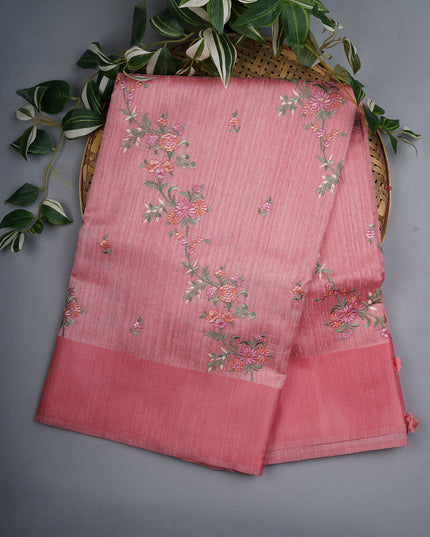 Jute Tissue Silk Saree With Thread Embroidery Work And Satin Border - Pink