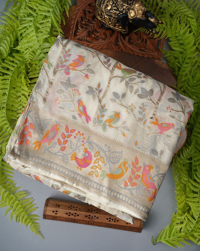 Kadi Georgette branars Saree With allover Meenakari  weaving - Cream