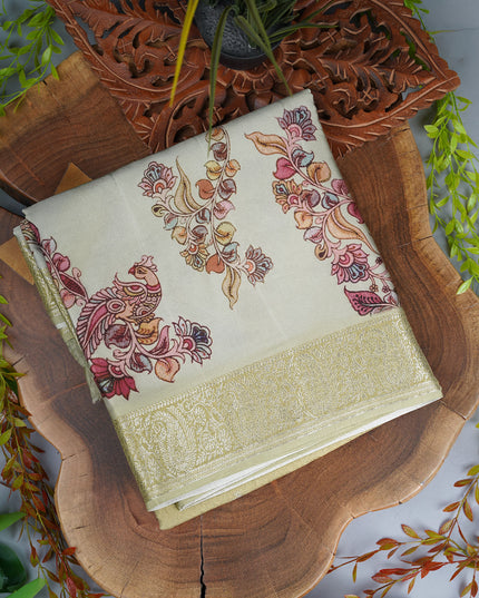 Tissue Georgette Saree With Kalamkari Digital Print & Banaras Border - Pista green