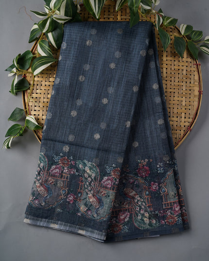 Silk Kota Saree With Gold Zari Butties And Print Border - Teal Blue