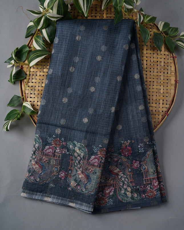 Silk Kota Saree With Gold Zari Butties And Print Border - Teal Blue
