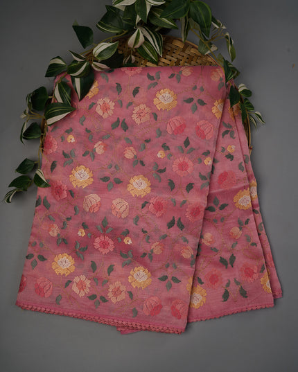 Tissue Linen Saree With Thread Embroidery with Lace Border - Light Pink