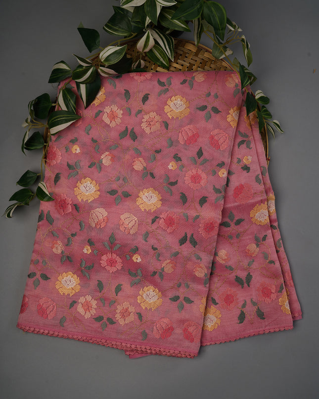 Tissue Linen Saree With Thread Embroidery with Lace Border - Light Pink