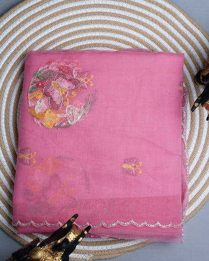Soft organza saree with thread Embroidery butties and scallop border With sequence work - Pink