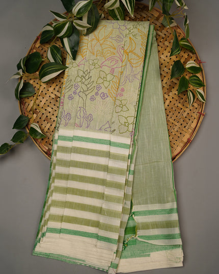 Handloom Cotton Print Saree - Green & Cream