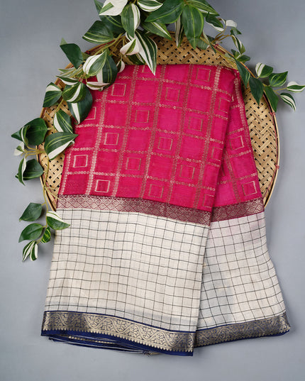 Chiffon Saree Gold Weaving Checks with Gap Border- Pink