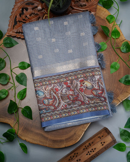 Tissue Kota Saree with Gold Butties and Contrast Floral Print Border- Grey