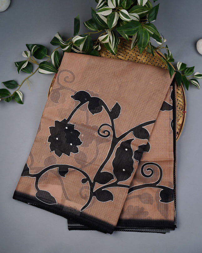 Kota Silk Floral Print Ari Work With Lace Border - Tan