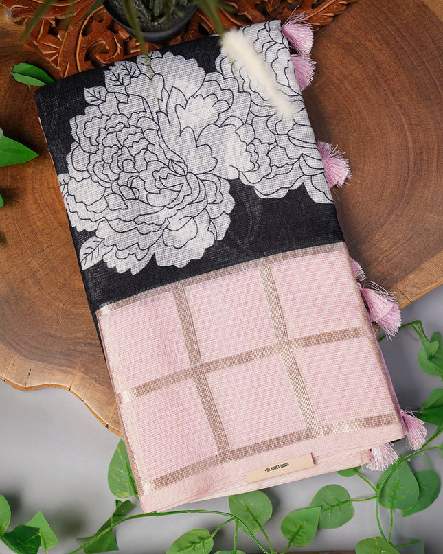 Kota Silk Saree with Floral Print and Contrast Border- Black and Peach