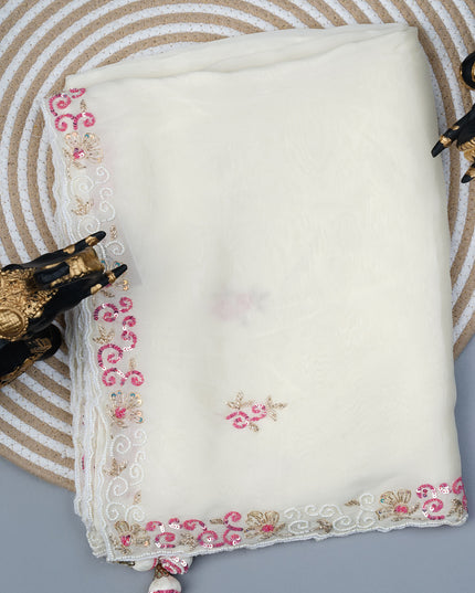 Russian crepe saree with Kardhana sequence butties and scallop border - Half White