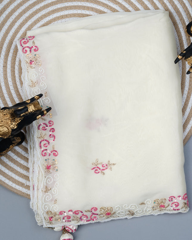 Russian crepe saree with Kardhana sequence butties and scallop border - Half White