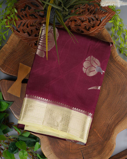 Chanderi Silk Saree With Gold & Silver Butties Contrast Border - Brown