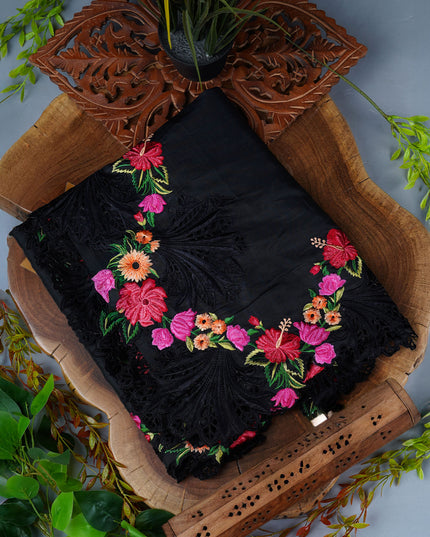 Dupion Silk Saree With Thread Work and Cut Work Border - Black