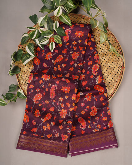 Chanderi Silk Digital Print Antique Zari Border - Wine