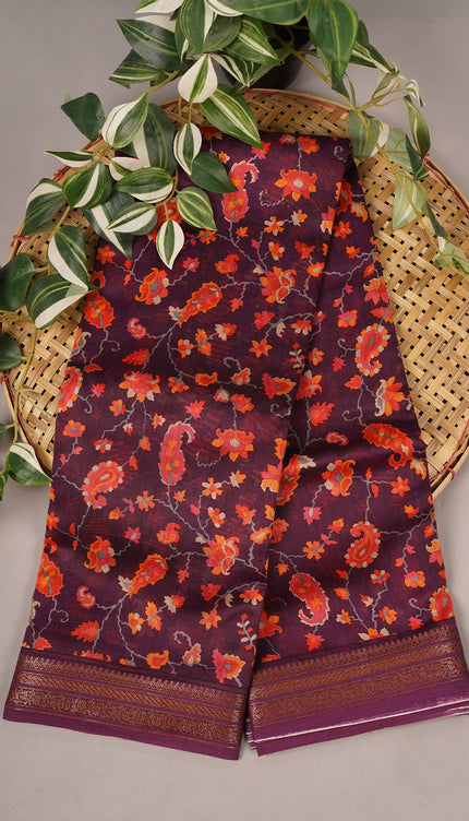Chanderi Silk Digital Print Antique Zari Border - Wine