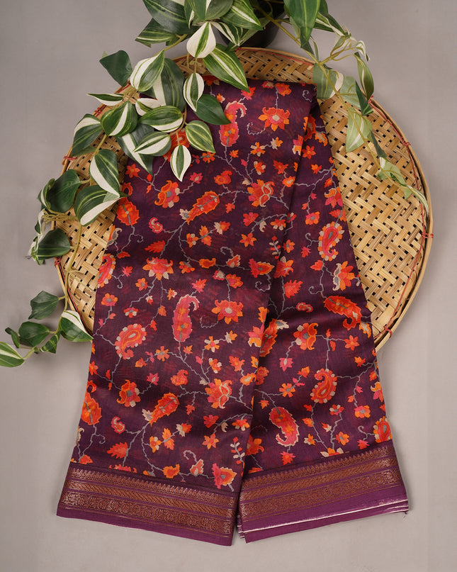Chanderi Silk Digital Print Antique Zari Border - Wine