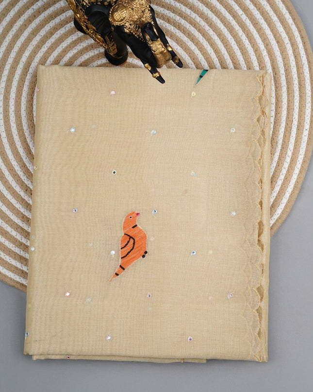 Tissue linen saree with applique work butties and scallop border - Beige