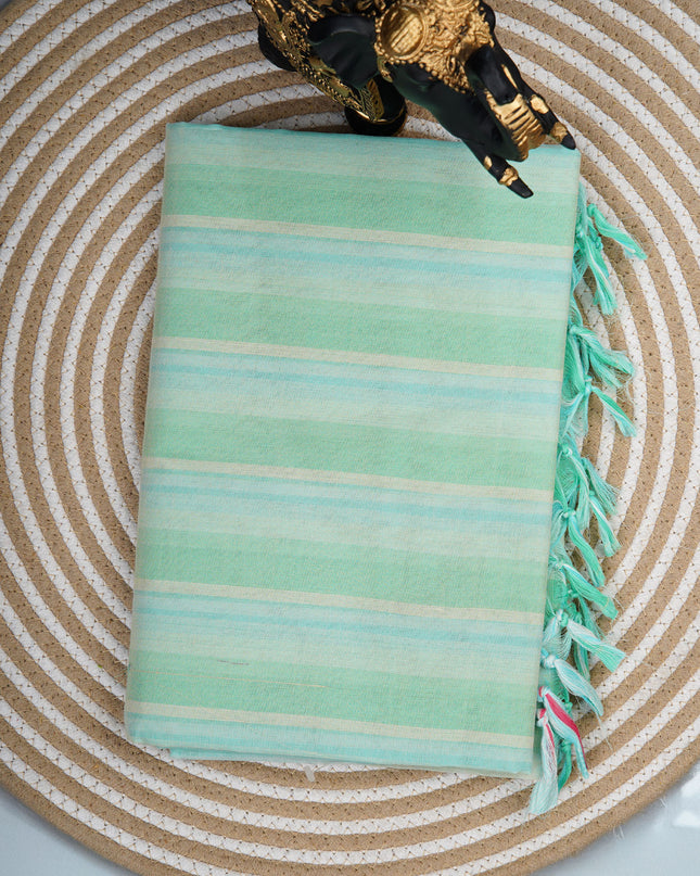 Cotton Handloom Saree with striped border  - Aqua Green