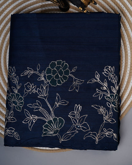 Tusser silk saree with applique and pitta work with scallop border - Teal Blue