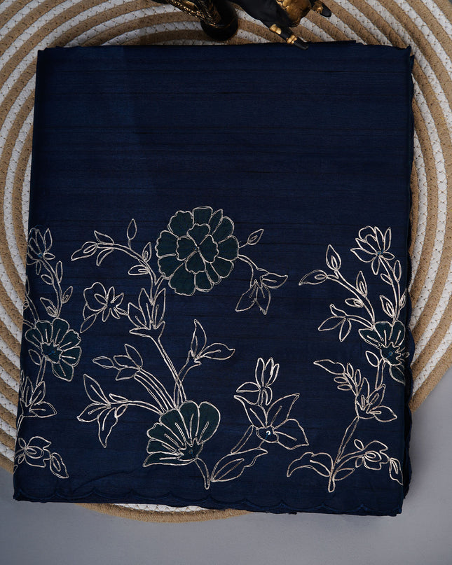 Tusser silk saree with applique and pitta work with scallop border - Teal Blue