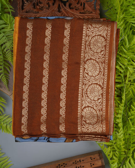 Binny Crepe Saree Floral Print With contrast Border - Sky Blue