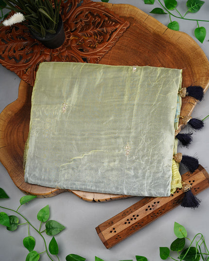 Russian Crepe Kardhana Sequence Work Butties Gold Stripes Border- Pista Green