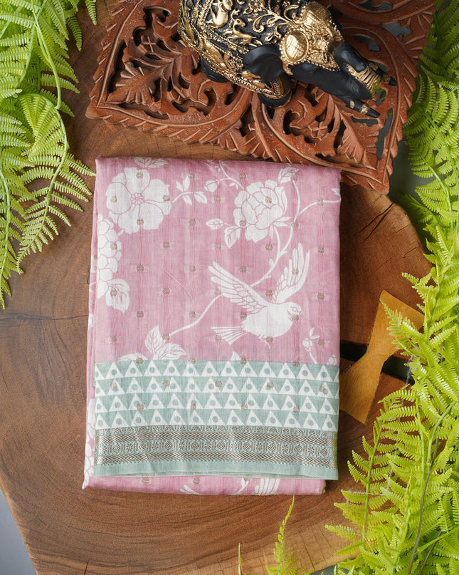 Muslin silk saree floral print golden butties with contrast border - Baby Pink