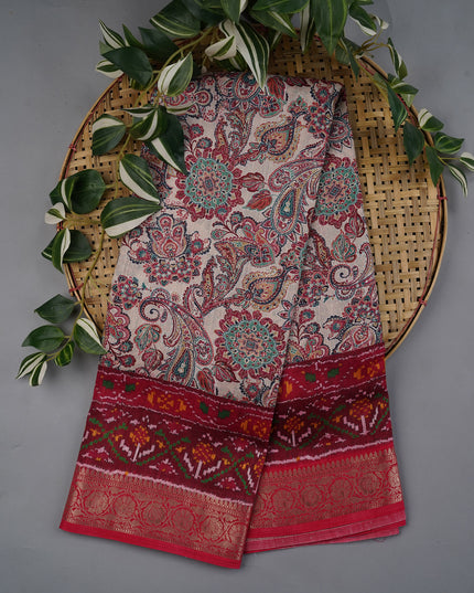 Semi Tusser Silk with Pashmina Print with Kanchi Border- Beige