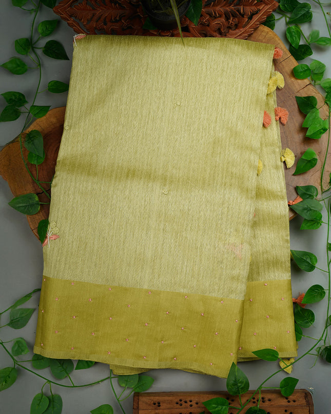 Jute Tusser Knot Work Butties with Satin Border- Pista Green
