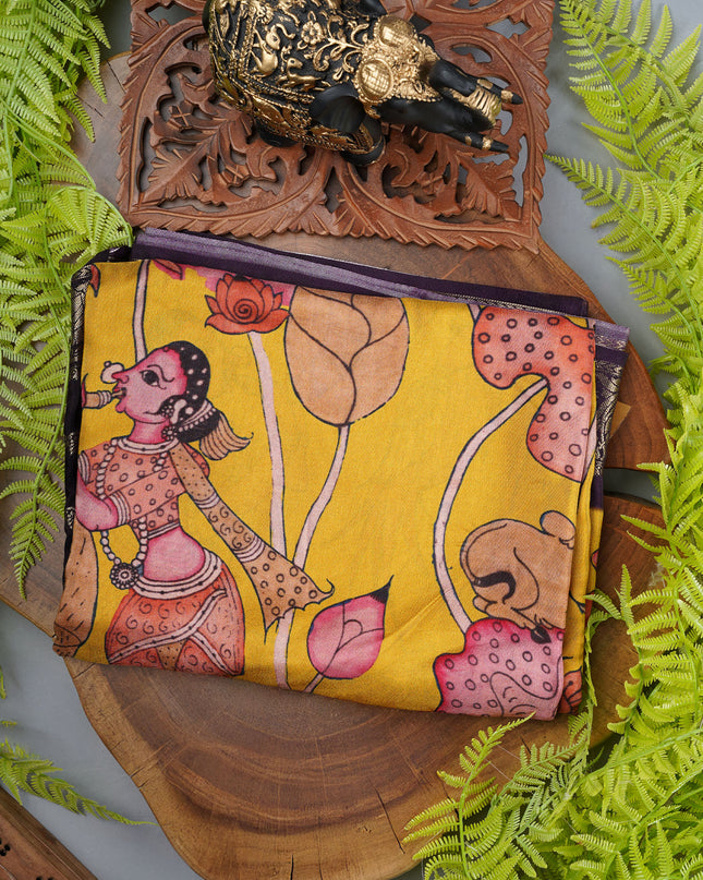 Binny Crepe Saree with kalamkari Print With contrast Border - Yellow