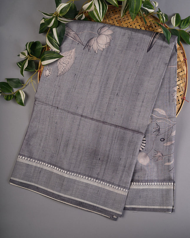 Tissue Silk With Digital Print & Thread Border - Grey