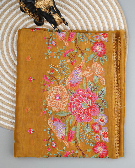 Tissue linen saree with Embroidery work and lace border - Mustered Yellow