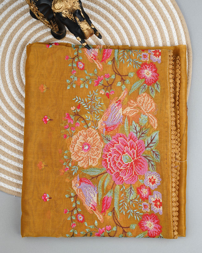 Tissue linen saree with Embroidery work and lace border - Mustered Yellow