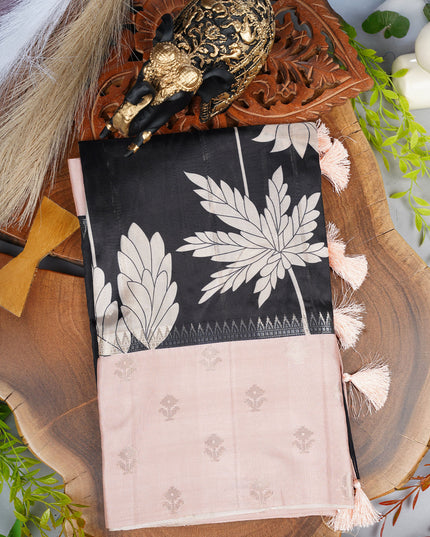 Semi Tusser Saree With Floral Print Complimenting Peach Border - Black