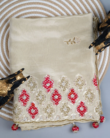 Tissue crepe saree with Embroidery butties and scallop border - Beige