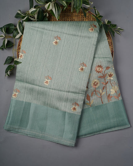 Jute Linen Saree With Thread Embroidery Butties & Satin Border - Sage Green