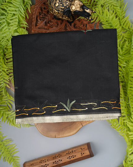 Kota Silk saree with kantha work zari border - Black