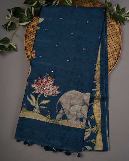 Tusser Silk Allover Mirror With Ari Work - Peacock Blue