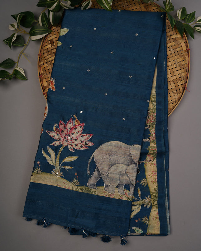 Tusser Silk Allover Mirror With Ari Work - Peacock Blue