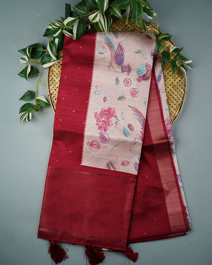 Tusser Silk Saree Floral Print with Contrast Border- Peach