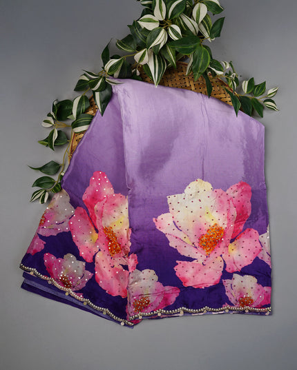 Crepe Saree With Floral Print Scallop Border Kardana Sequence Work - Lavender